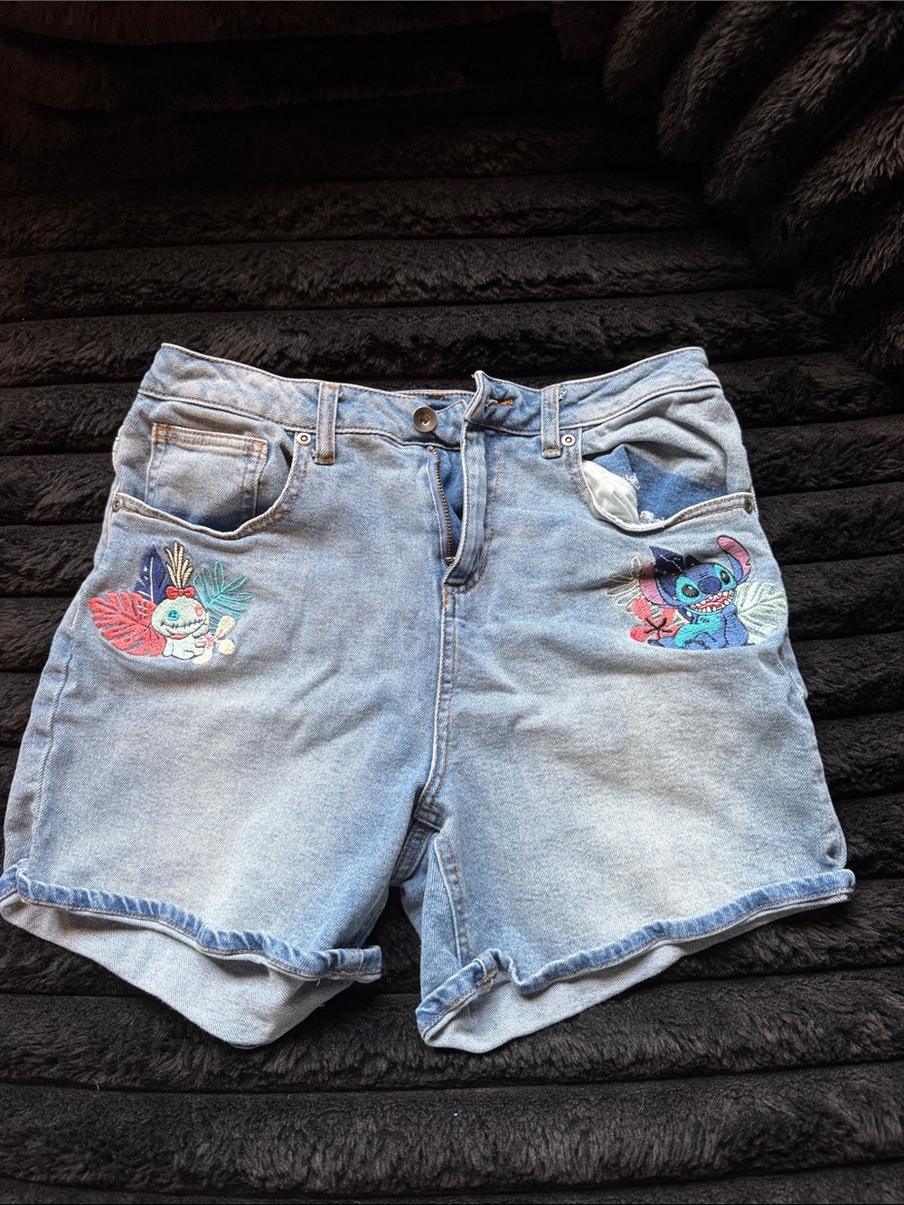Disney Light Blue Denim Shorts with Embroidered Stitch Characters
